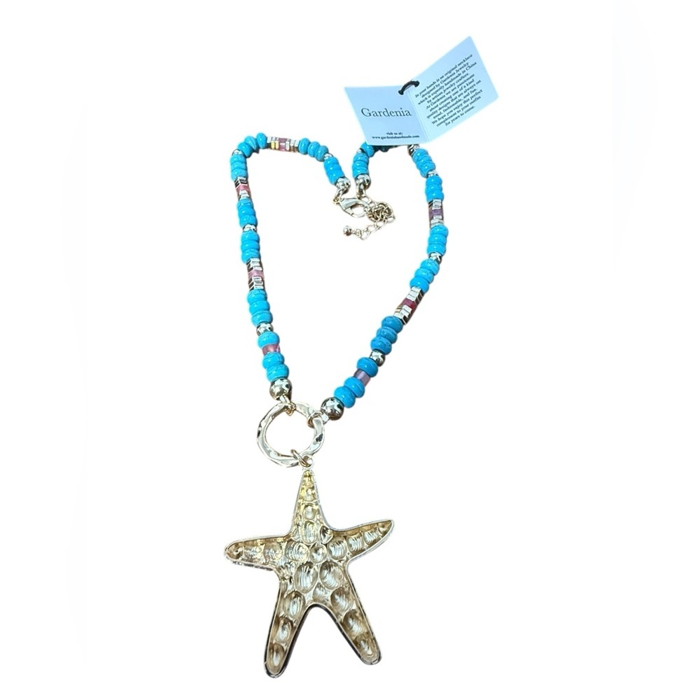 Turquoise Beach-Themed Necklace with Gold Accents - Picture 7 of 11